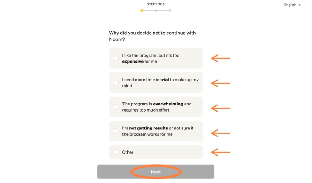Cancel Noom survey Step 1