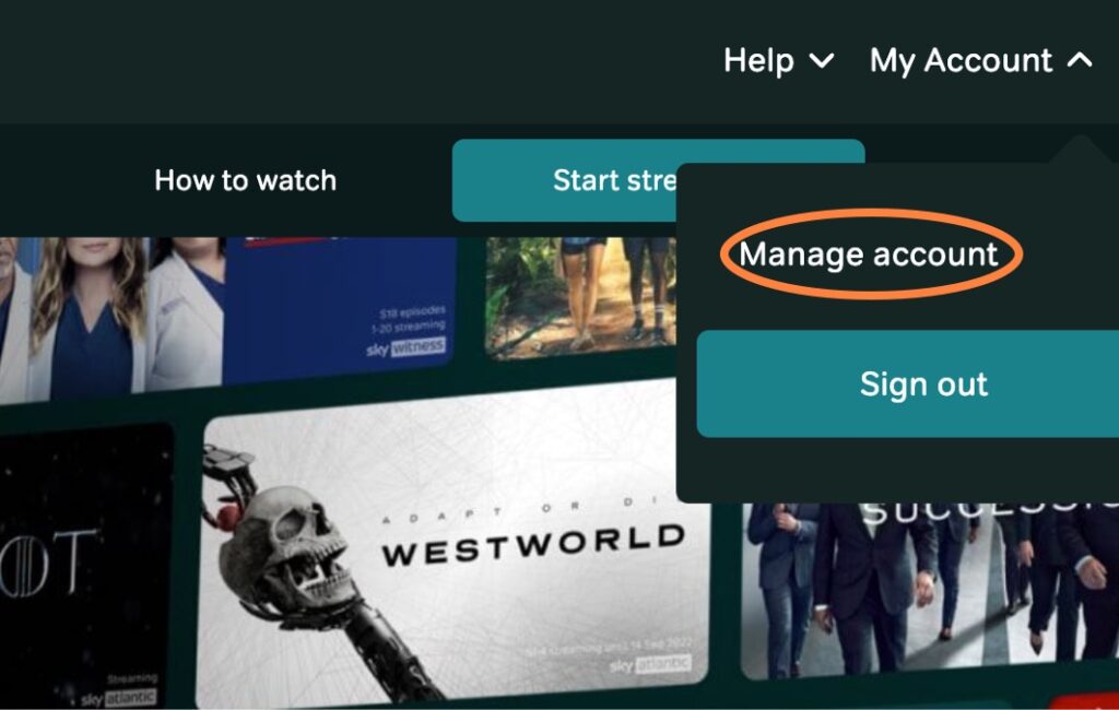 NOW TV Manage account