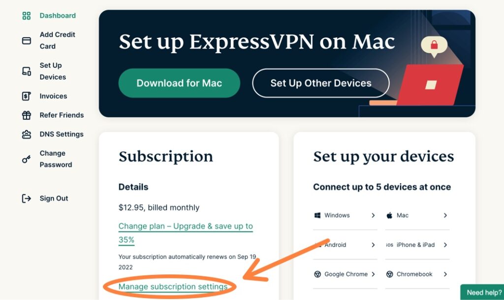 Manage ExpressVPN subscription settings