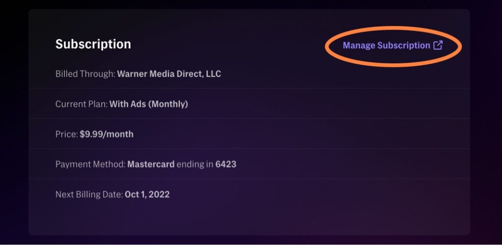 HBO Max manage subscription
