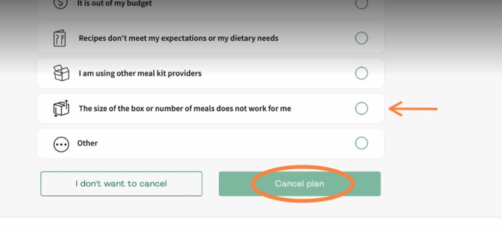 HelloFresh cancellation choose a reason