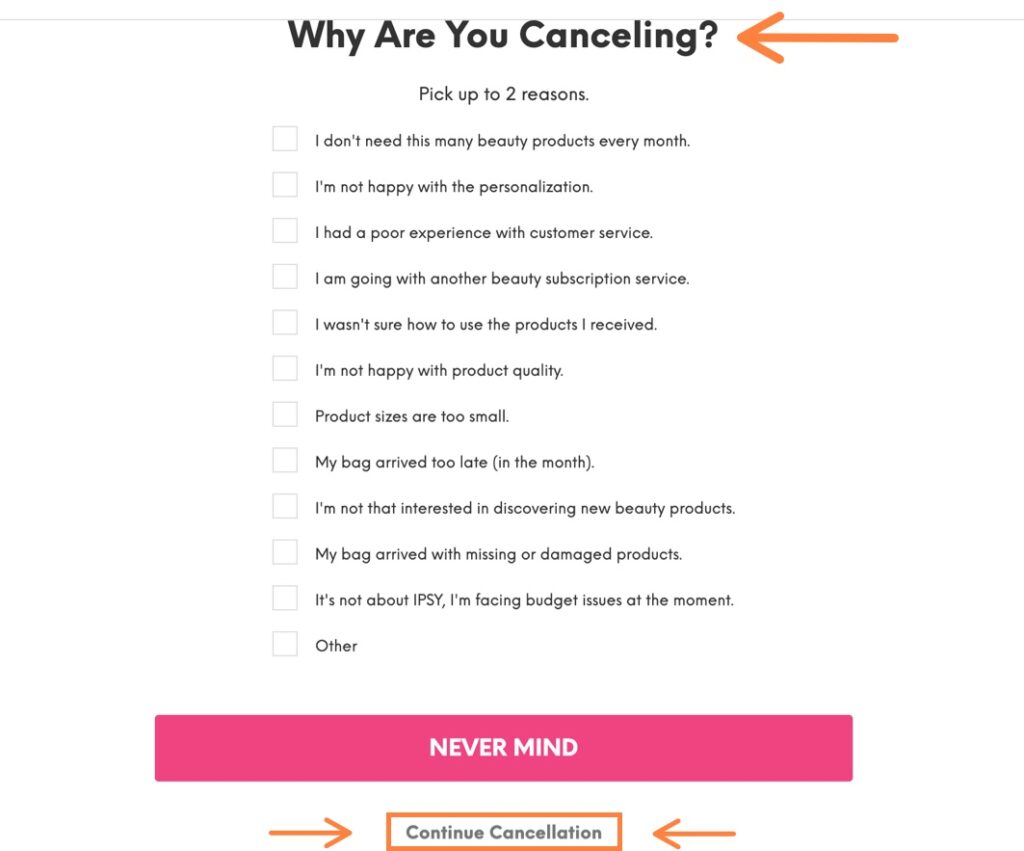 Choose a reason and continue IPSY cancellation
