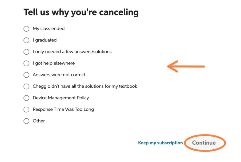 Cancel Chegg choose a reason for cancellation