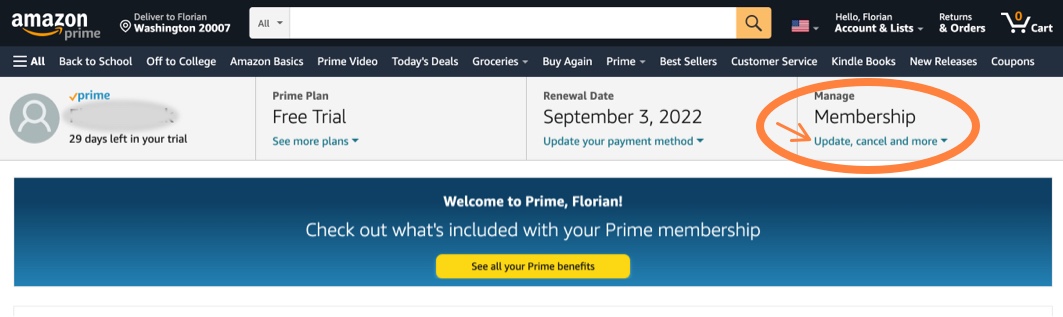 Cancel Amazon Prime membership settings
