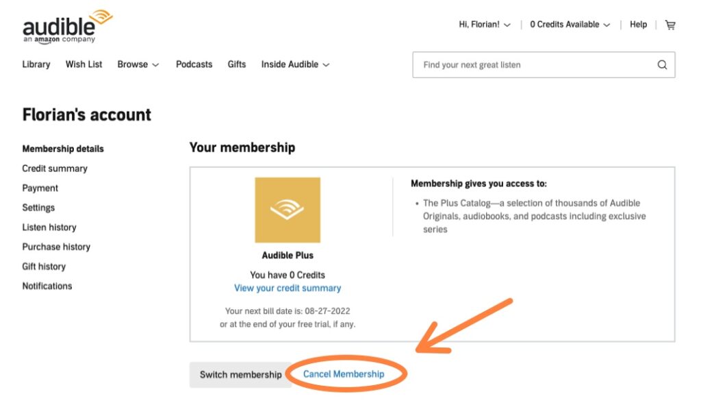 Cancel Audible subscription 