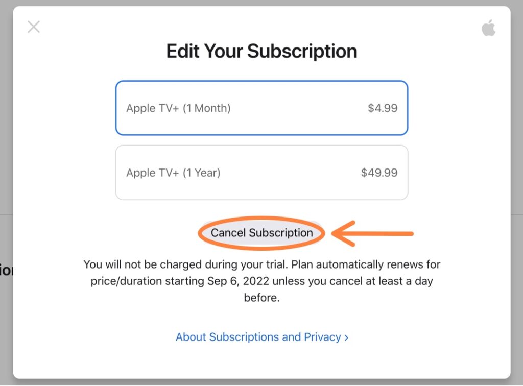 Edit your Apple TV subscription and cancel